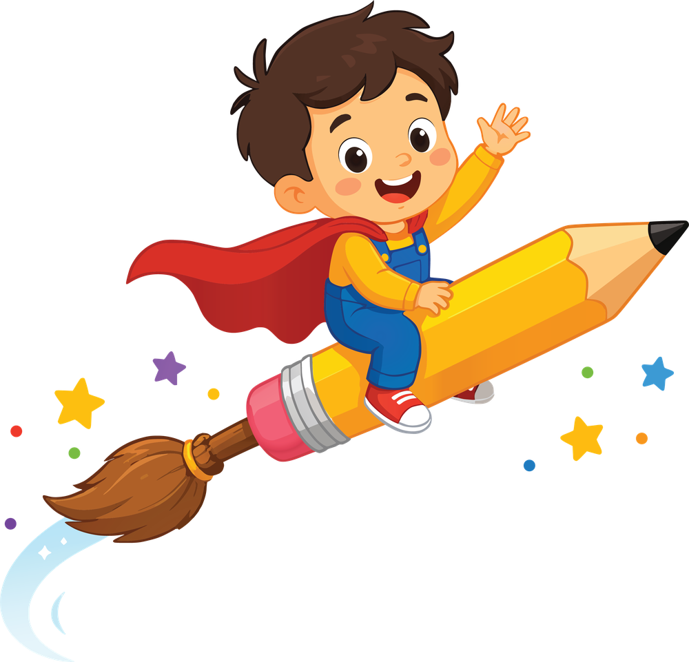 Little Ryders mascot flying on a pencil